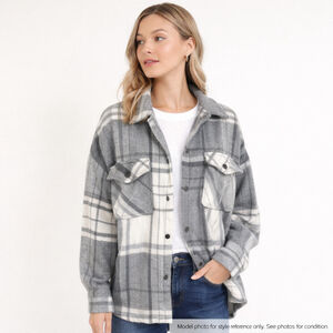 Nautica Plaid Shacket Women S Gray White Button Front Shirt Jacket Cozy Preppy